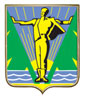 Печать герба Комсомольска-на-Амуре на пластиковом геральдическом щите в раме золото